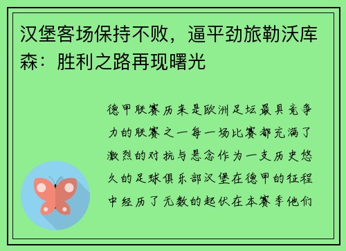 汉堡客场保持不败，逼平劲旅勒沃库森：胜利之路再现曙光